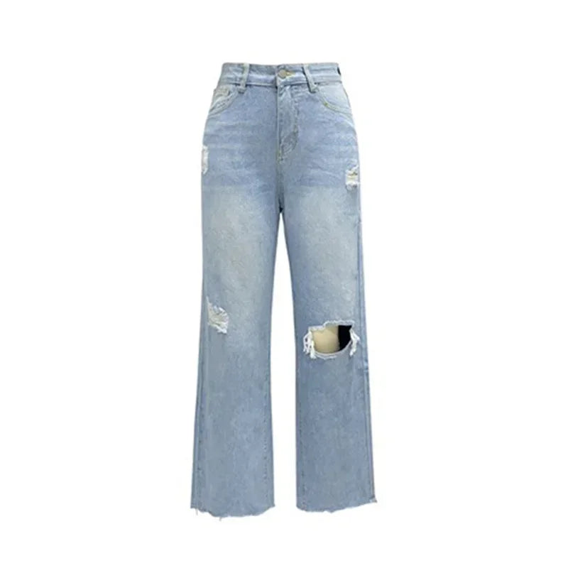 Knee-Distressed High-Waist Straight Jeans