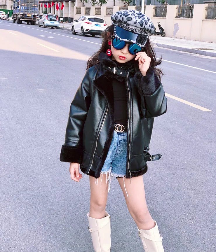 M&T Wear - Girls Jacket Leather Motorcycle Kids Coats Fleece Children Jacket Winter Autumn - M&T Wear