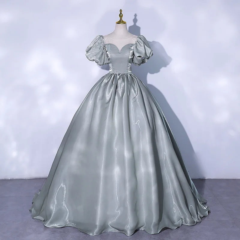 Princess Sleeve Satin & Mesh Evening Gown