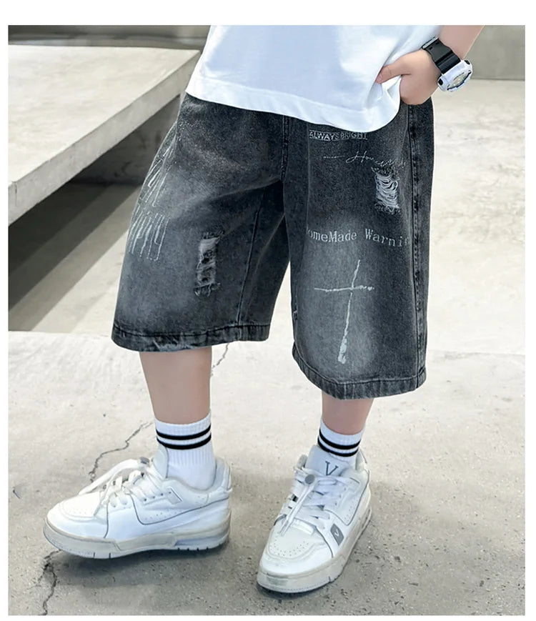 M&T Wear - Boys’ Black Ripped Loose Fit Denim Shorts