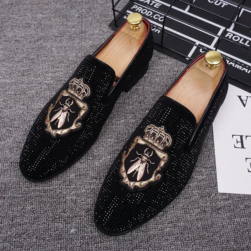 M&T Wear - New Shoes for Men Leather Casual Shoes Luxury Pointed Toe Party Dress Shoes Street Trend Slip-on Rhinestone Crown Loafers - M&T Wear
