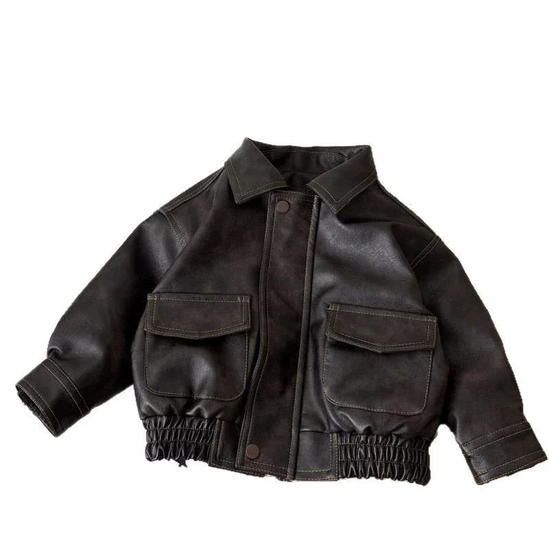 M&T Wear - Children's PU Leather Jacket Boys Fashion Coat Girls Classic Retro Outerwear Autumn Kids New Street Fashionable  Casual Tops - M&T Wear