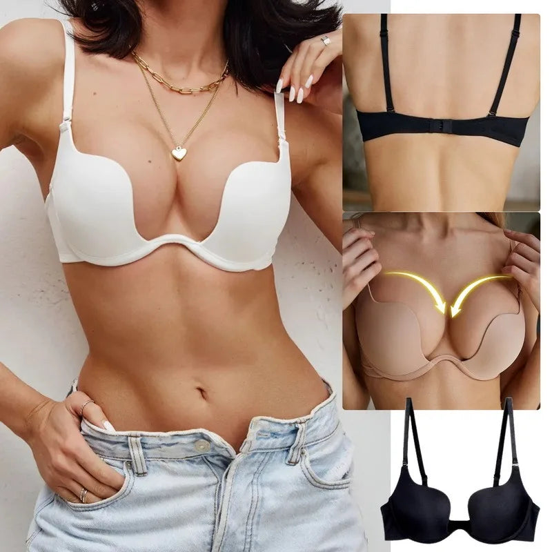 M&T Wear - Push Up Bra Backless Women Bras Low Cut Sexy Plunge Brassiere Open Back Wedding Underwear Invisible Seamless Deep U Lingerie - M&T Wear