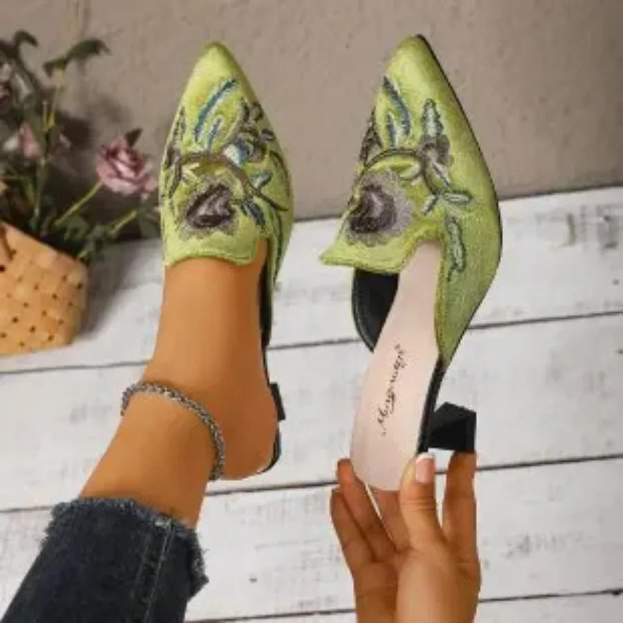 M&T Wear - Elegant Embroidered Square Toe High Heel Slides