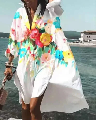 Printed Loose V-Neck Shirt Dress