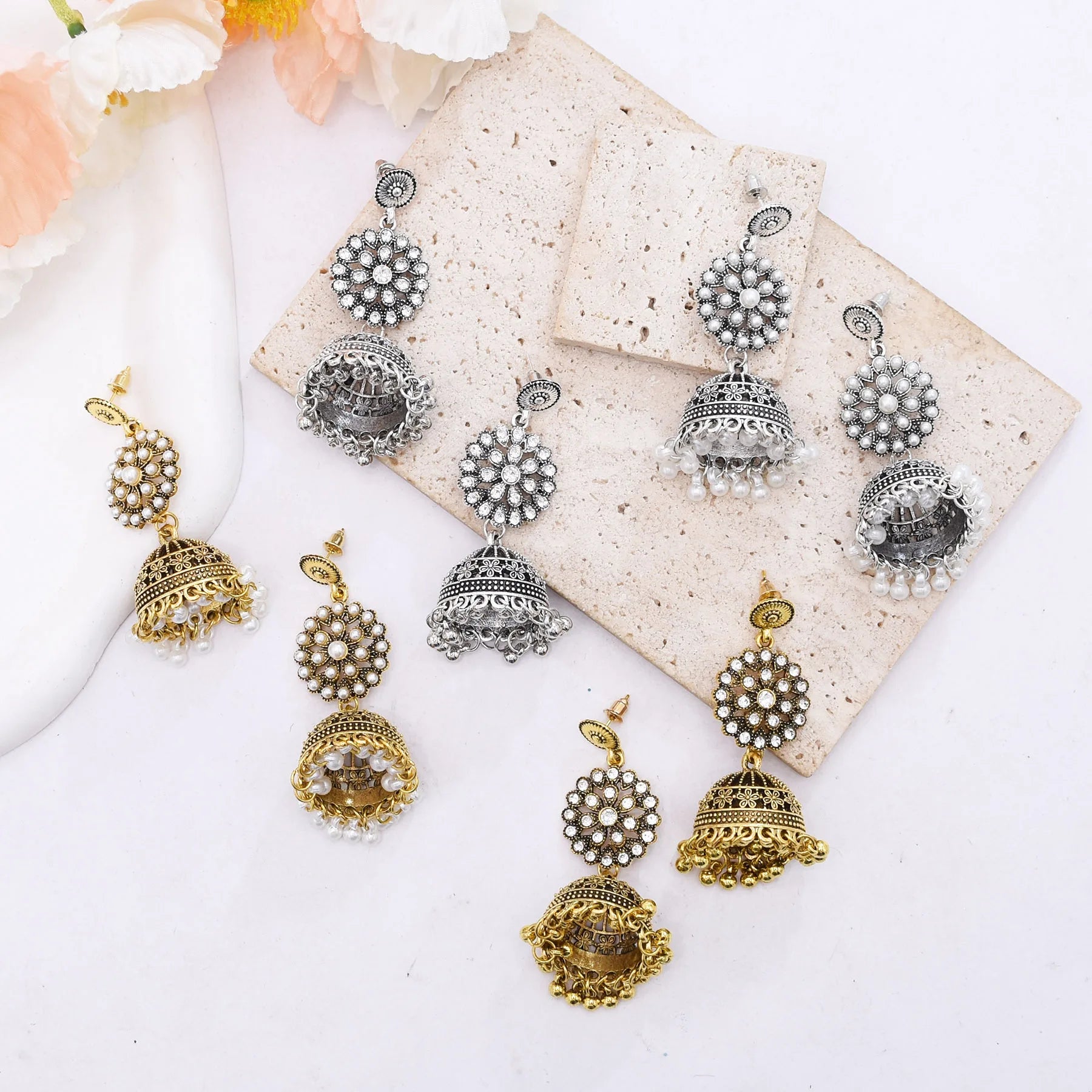 M&T Wear - Traditional Indian Jhumka Earrings for Women | Vintage Peacock Bell Design with Pearl Beads