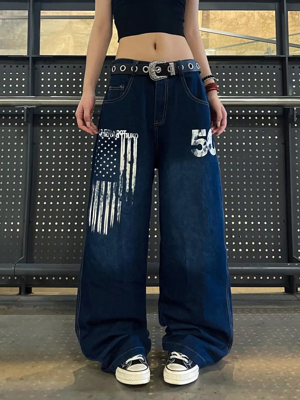 Retro Personality Print High-Waisted Wide-Leg Jeans