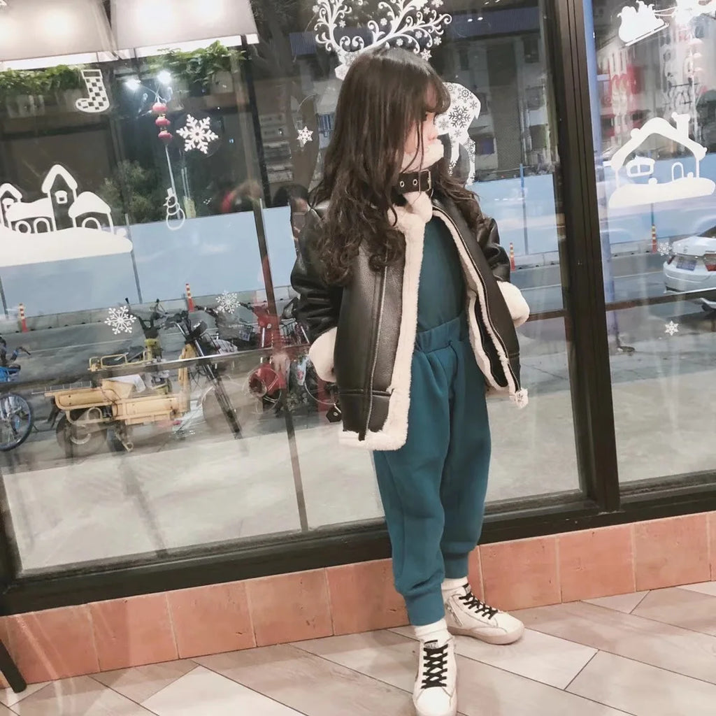 M&T Wear - Girls Jacket Leather Motorcycle Kids Coats Fleece Children Jacket Winter Autumn - M&T Wear