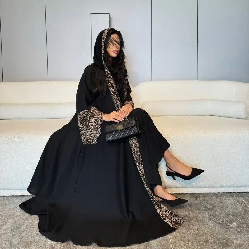 M&T Wear - Leopard Print Chiffon Open Abaya with Zipper