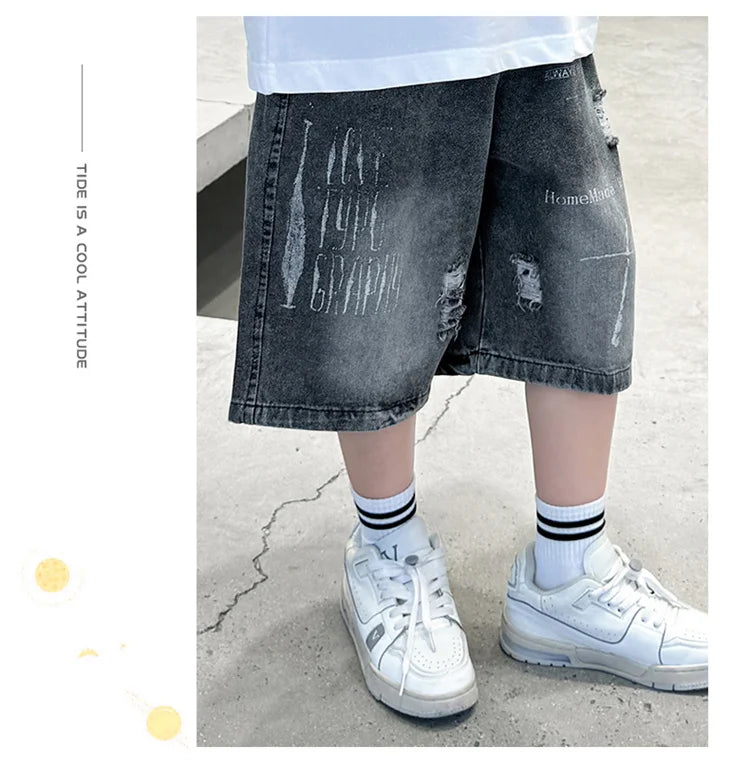 M&T Wear - Boys’ Black Ripped Loose Fit Denim Shorts