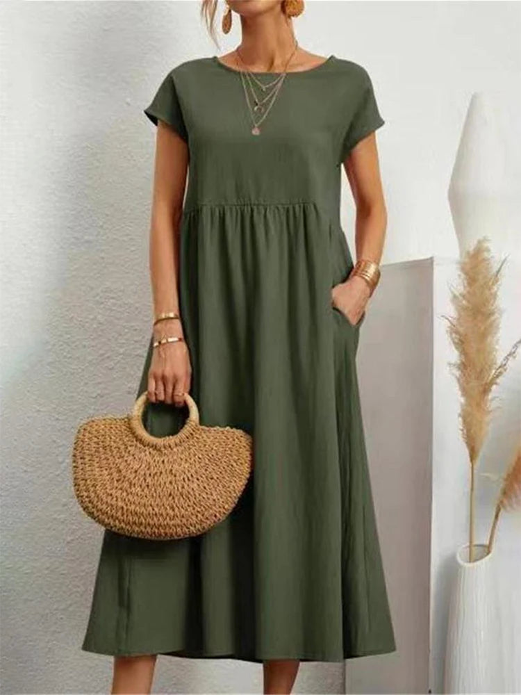 Elegant Solid Cotton-Linen Maxi Dress