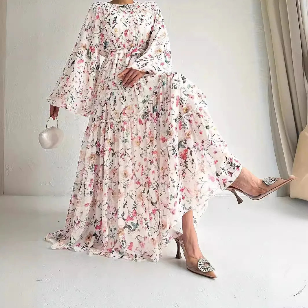 M&T Wear -  Floral Chiffon Abaya plus Dress with Belt