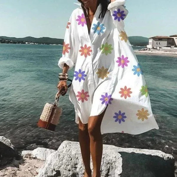 Printed Loose V-Neck Shirt Dress