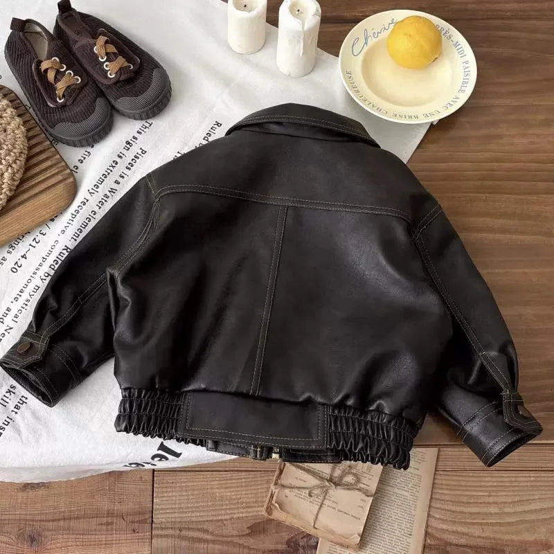 M&T Wear - Children's PU Leather Jacket Boys Fashion Coat Girls Classic Retro Outerwear Autumn Kids New Street Fashionable  Casual Tops - M&T Wear