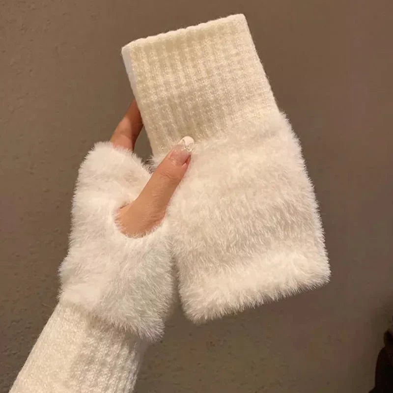M&T Wear - Soft Winter Half Finger Gloves Women Warm Luxury Solid White Plush Knitted Fingerless Gloves Wrist Mittens Writting - M&T Wear