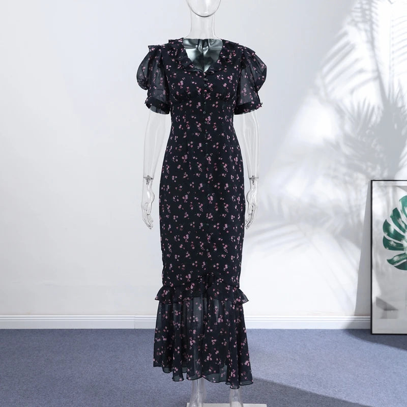 Elegant Lace-Trim V-Neck Maxi Dress