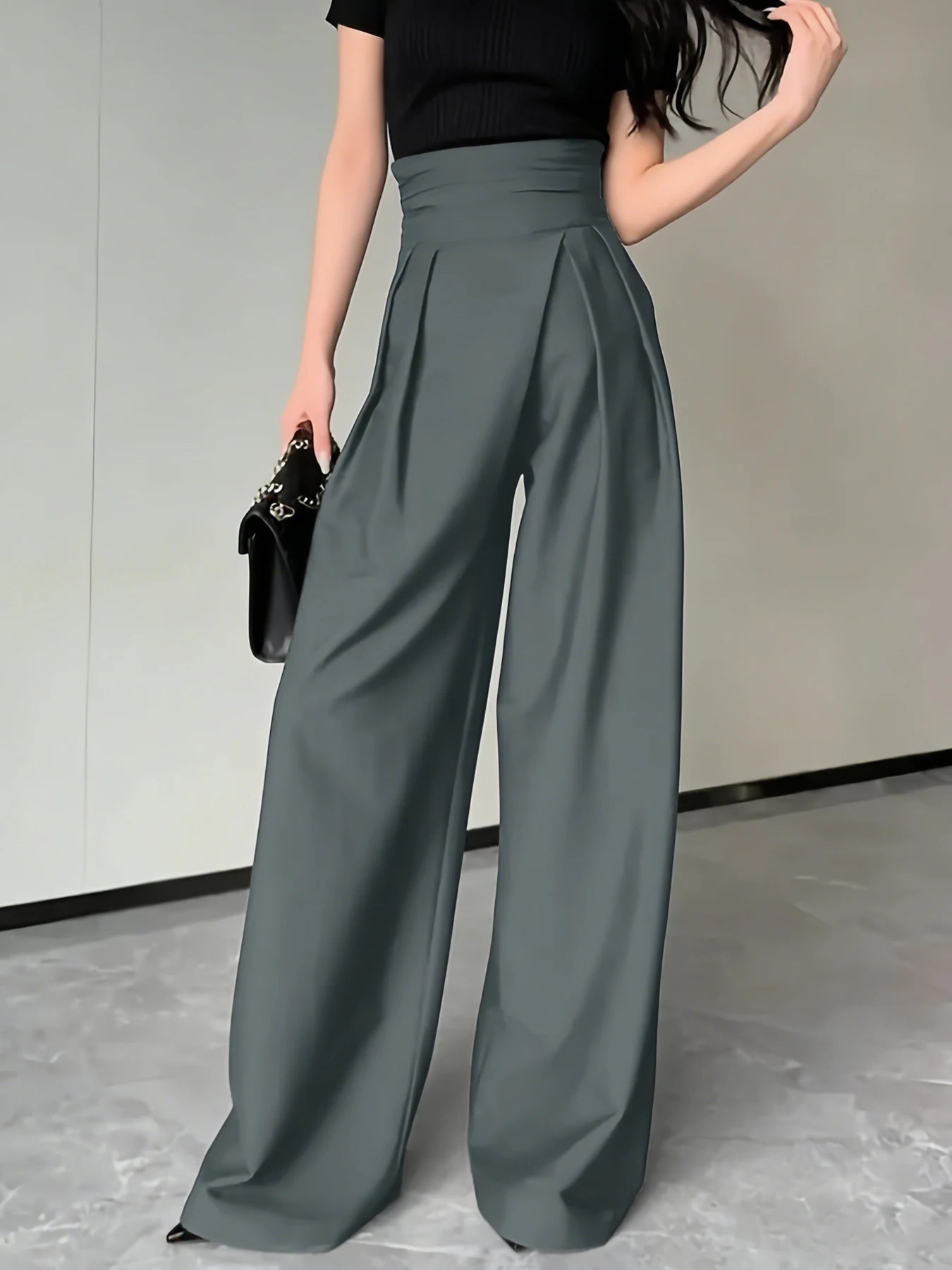 High-Waist Pleated Wide-Leg Suit Pants