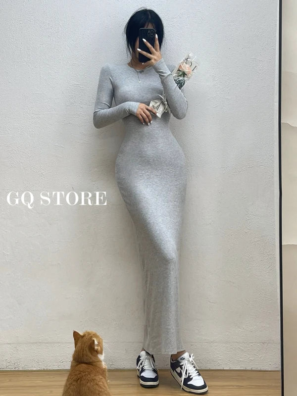 Simple Round-Neck Slim Maxi Dress