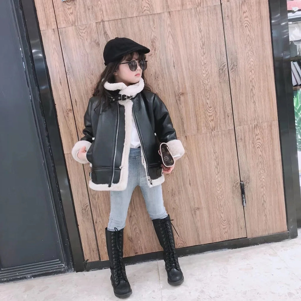 M&T Wear - Girls Jacket Leather Motorcycle Kids Coats Fleece Children Jacket Winter Autumn - M&T Wear
