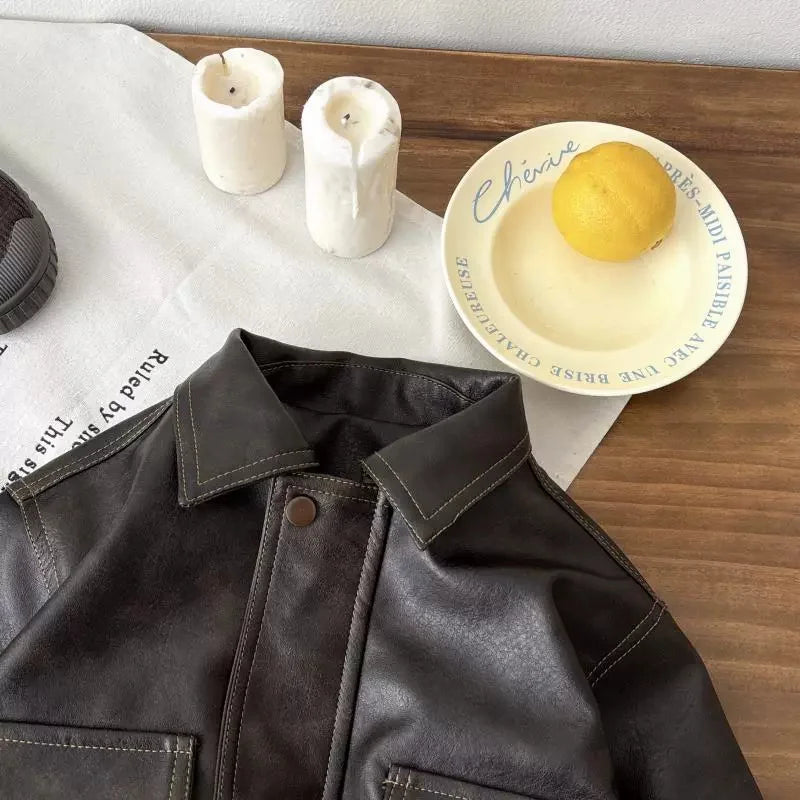 M&T Wear - Children's PU Leather Jacket Boys Fashion Coat Girls Classic Retro Outerwear Autumn Kids New Street Fashionable  Casual Tops - M&T Wear