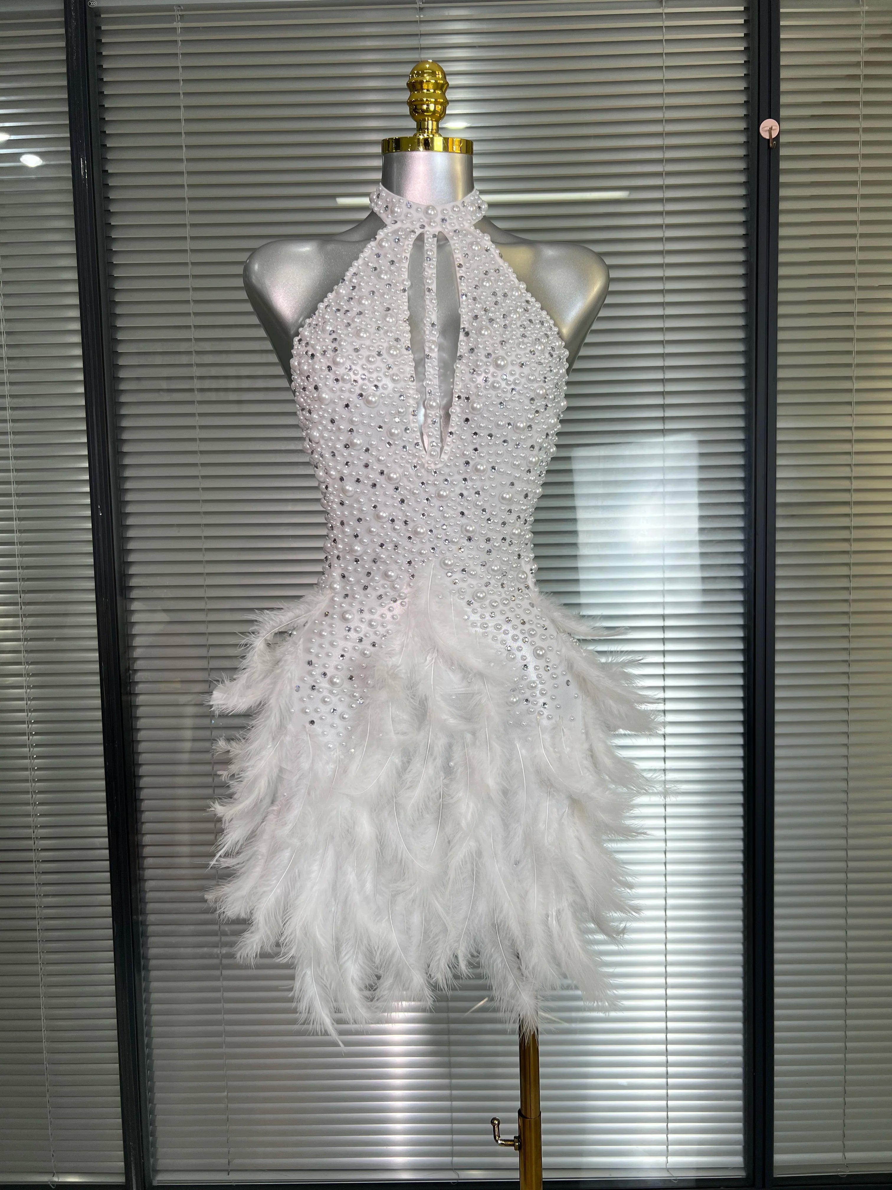 M&T Wear - Women Sexy White Backless Mesh Crystal Diamonds Feathers Performance Costume Stage Dancer Mini Stretchy Night Club Party Dress - M&T Wear