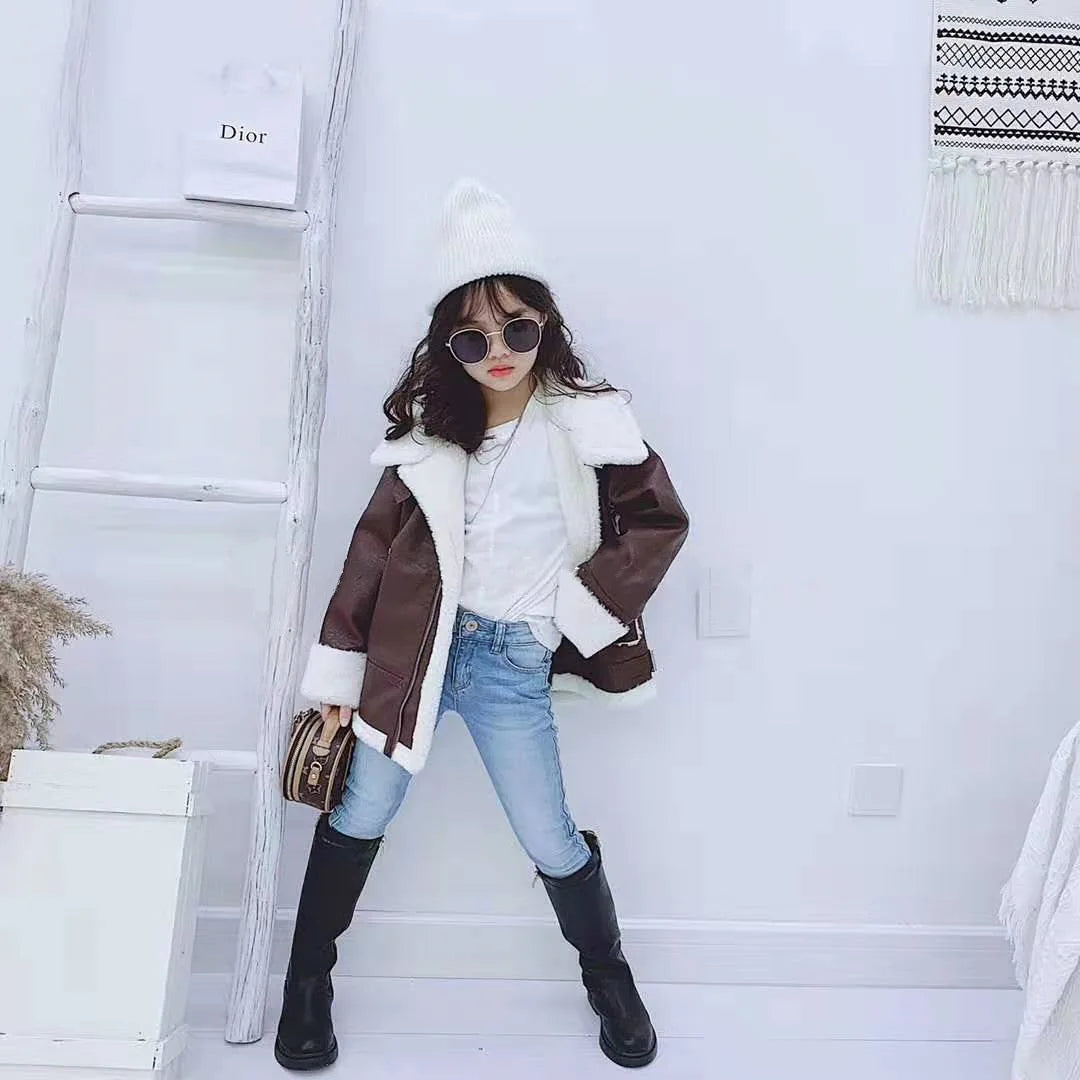 M&T Wear - Girls Jacket Leather Motorcycle Kids Coats Fleece Children Jacket Winter Autumn - M&T Wear