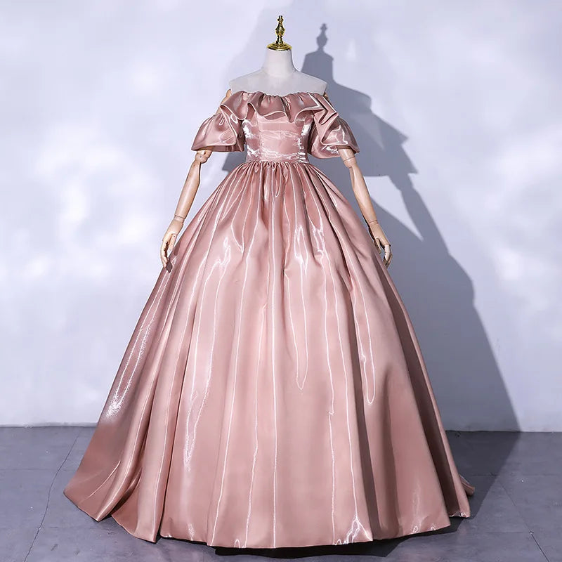 Princess Sleeve Satin & Mesh Evening Gown