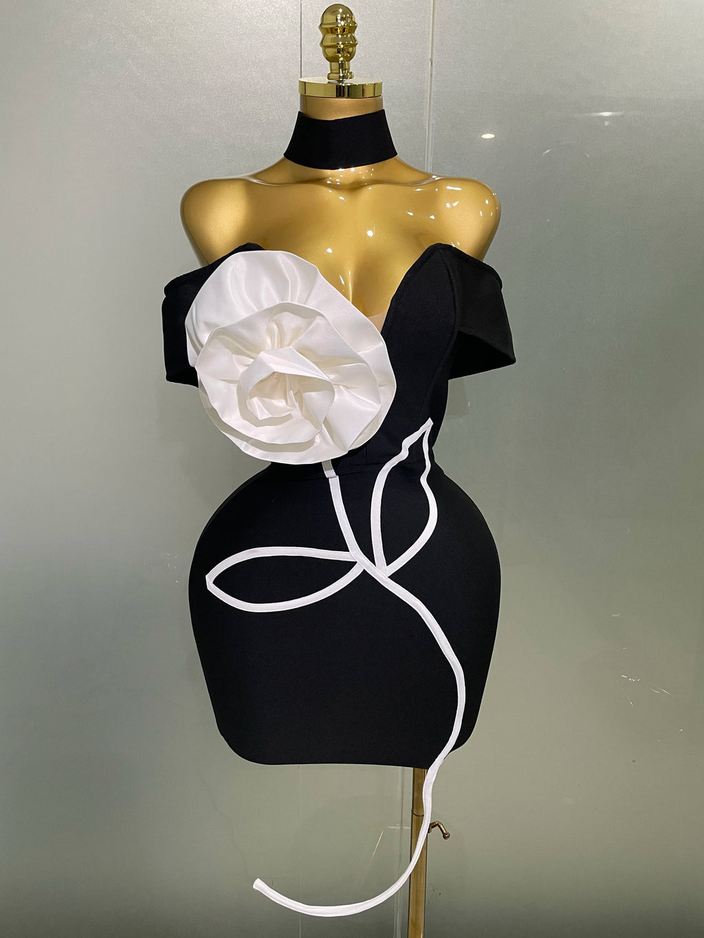 M&T Wear - Women 2025 New Sexy Off Shoulder White Flower Black Mini Bodycon Bandage Dress Luxury Celebrity Evening Club Elegant Party Gowns - M&T Wear