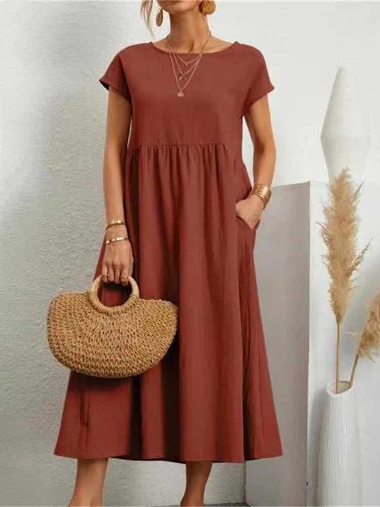 Elegant Solid Cotton-Linen Maxi Dress