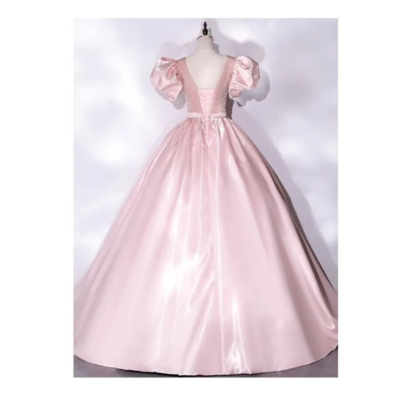 Princess Sleeve Satin & Mesh Evening Gown