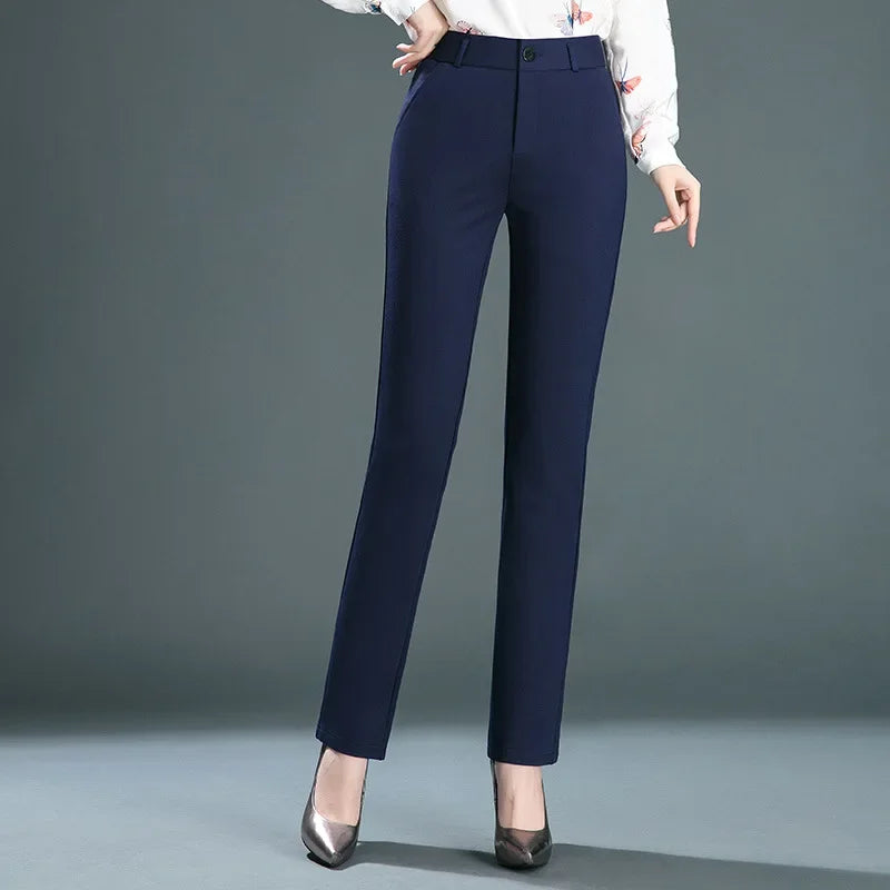 High-Waist Stretch Straight-Leg Casual Trousers