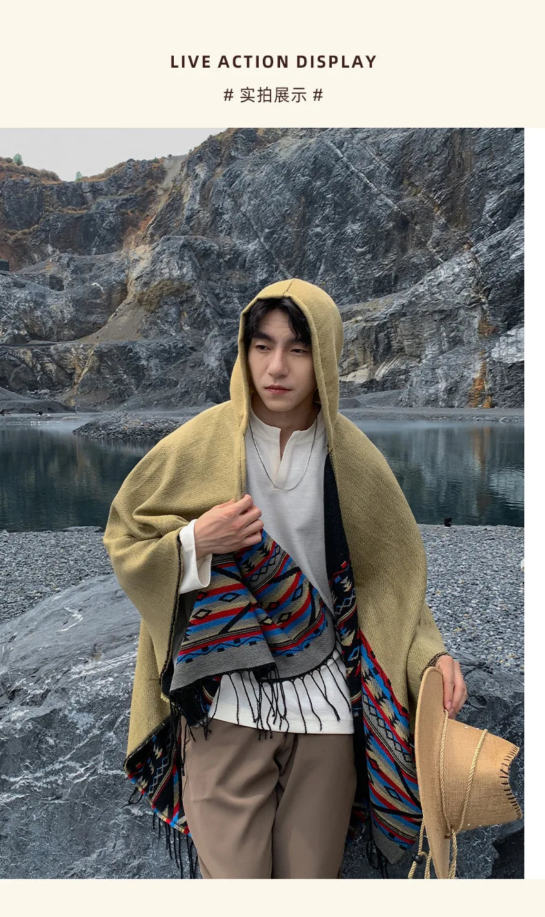 M&T Wear - Winter New Bohemian Shawl Men Ponchos Cashmere Blend Cape Coat Fringe Poncho Vintage Tassel Scarf Hooded Wraps Outwear - M&T Wear