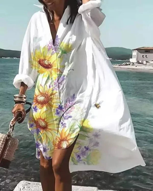 Printed Loose V-Neck Shirt Dress