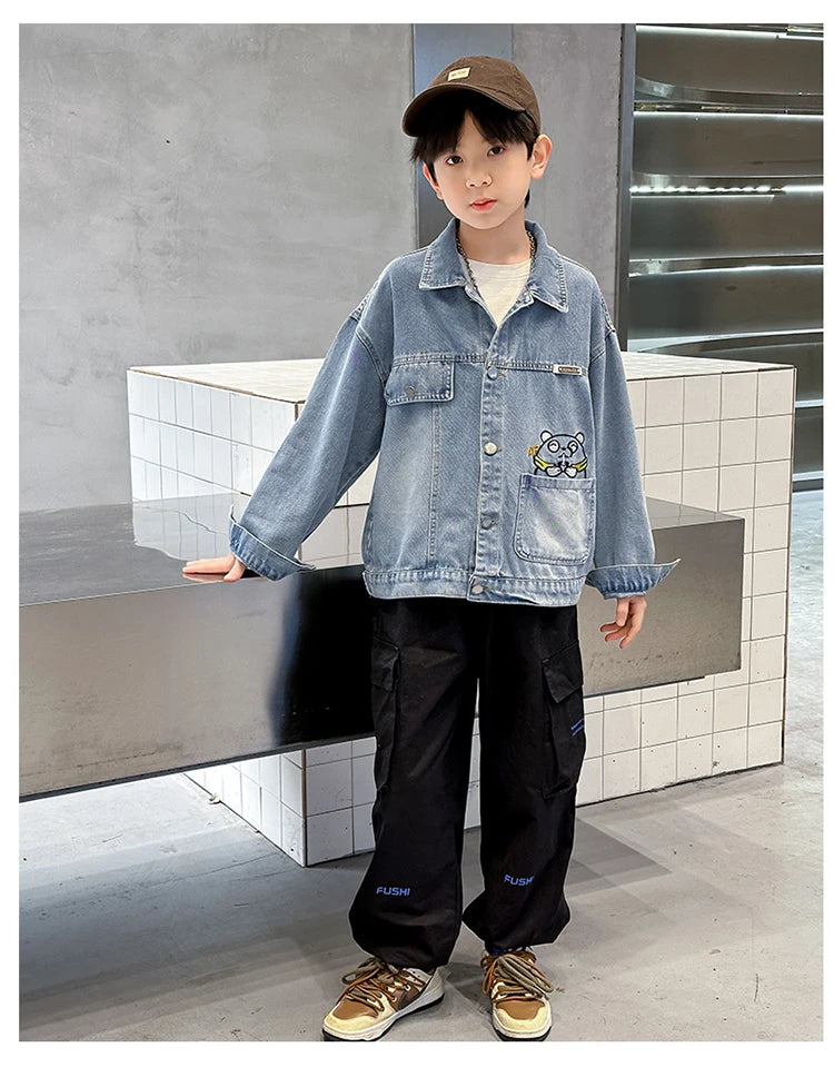 M&T Wear - Kids Denim Jacket Boys Jeans Coat Clothing Fashion Baby Boy Denim Jacket With Cartoon Embroidery Child Casual Streetwear Outfit - M&T Wear