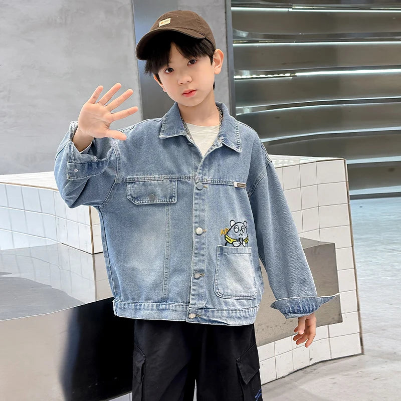M&T Wear - Kids Denim Jacket Boys Jeans Coat Clothing Fashion Baby Boy Denim Jacket With Cartoon Embroidery Child Casual Streetwear Outfit - M&T Wear
