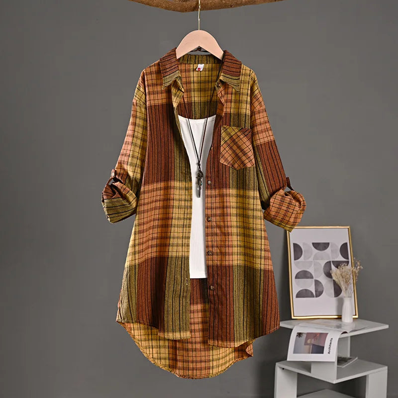 Elegant Checkered Cotton-Linen Blouse