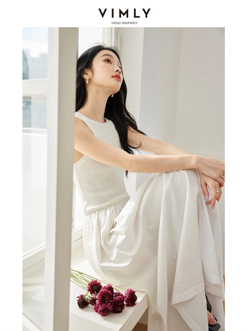 M&T Wear - VIMLY Women White Knit Vest Long Dresses Summer New Simple Elegant Sleeveless Waisted Temperament Party Evening A-Line Dress - M&T Wear