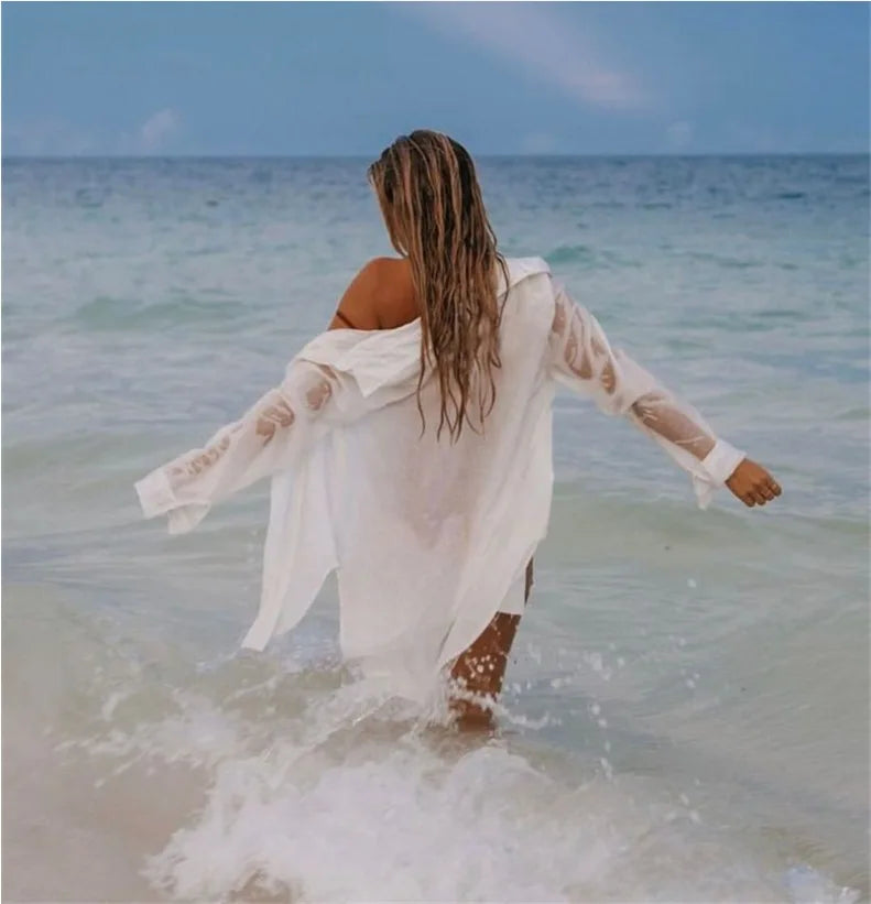 M&T Wear - Women's White Long Sleeve Button-Down Beach Dress