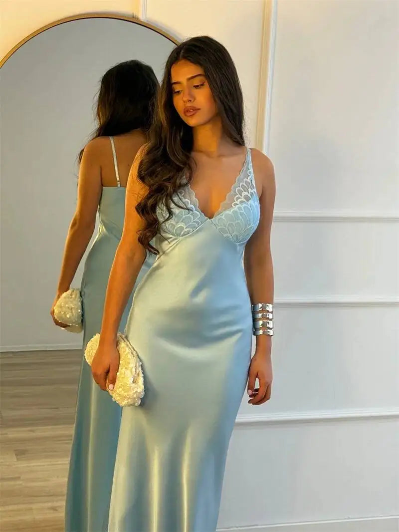 Blifanbo Lace Patchwork Satin Maxi – Backless Bodycon Party Dress