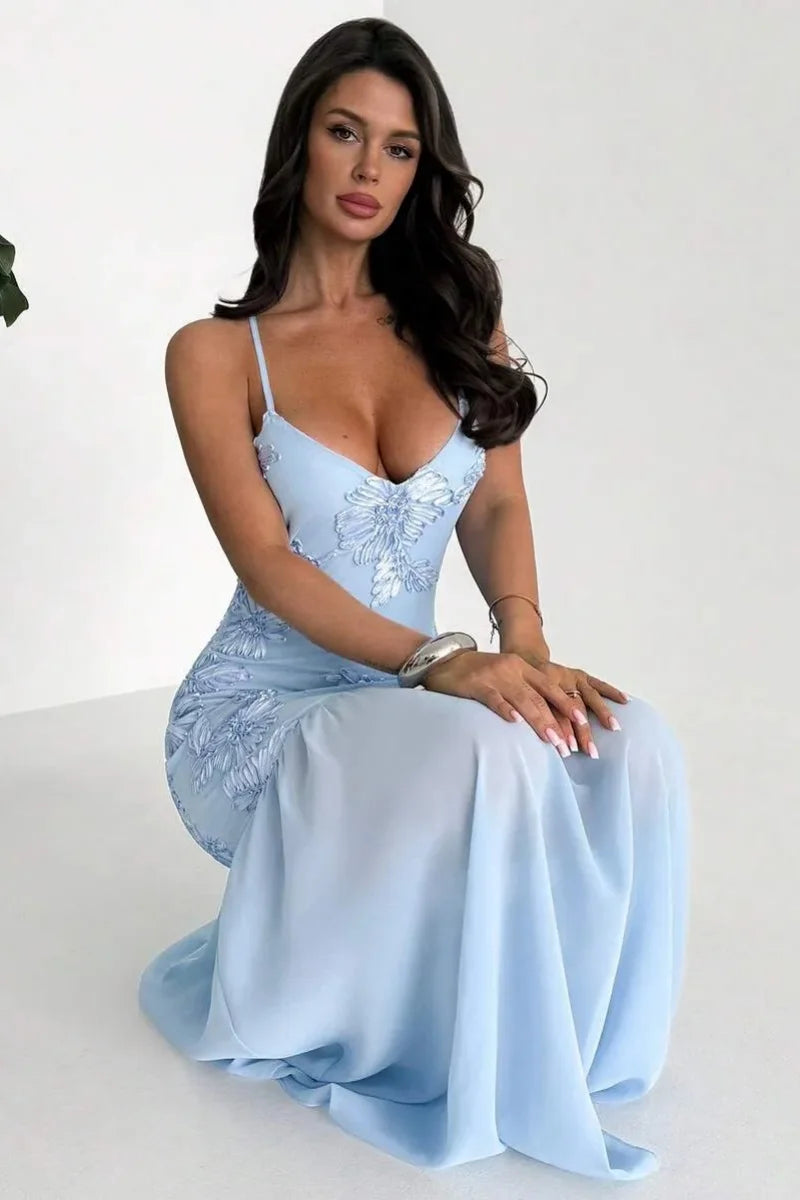 Sky Blue Floral Embroidered Evening Gown