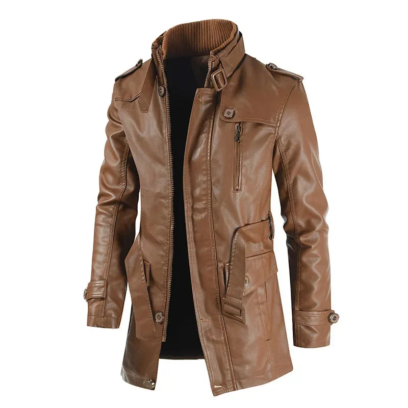 M&T Wear - Biker Jaqueta Winter Men's Thick Fleece Long Leather Jacket Coat mens Outwear Fashion Leather Warm Casual Vintage Jackets - M&T Wear