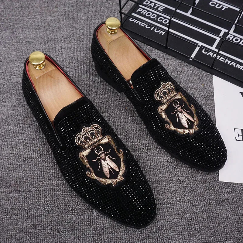 M&T Wear - New Shoes for Men Leather Casual Shoes Luxury Pointed Toe Party Dress Shoes Street Trend Slip-on Rhinestone Crown Loafers - M&T Wear