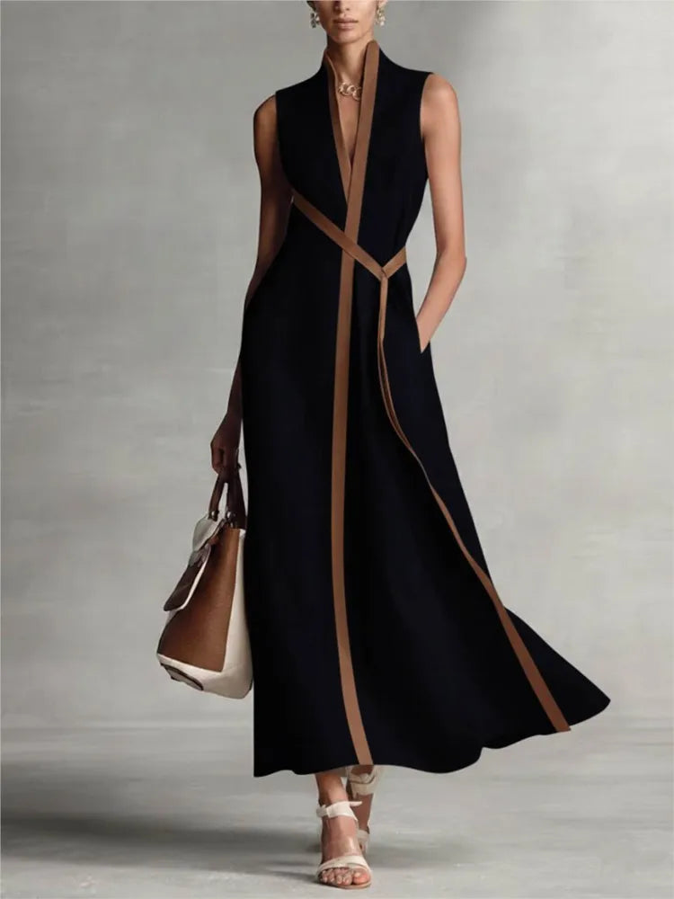 Contrast Color Sleeveless Elegant Slim-Fit Long Dress