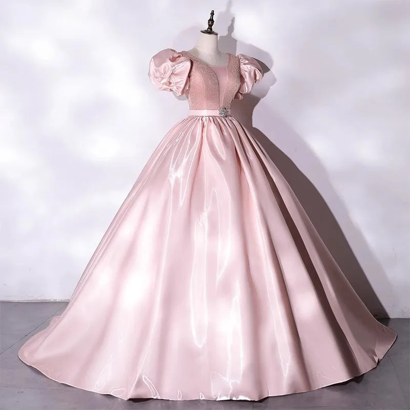 Princess Sleeve Satin & Mesh Evening Gown