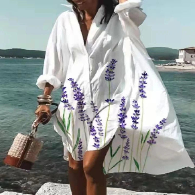 Printed Loose V-Neck Shirt Dress