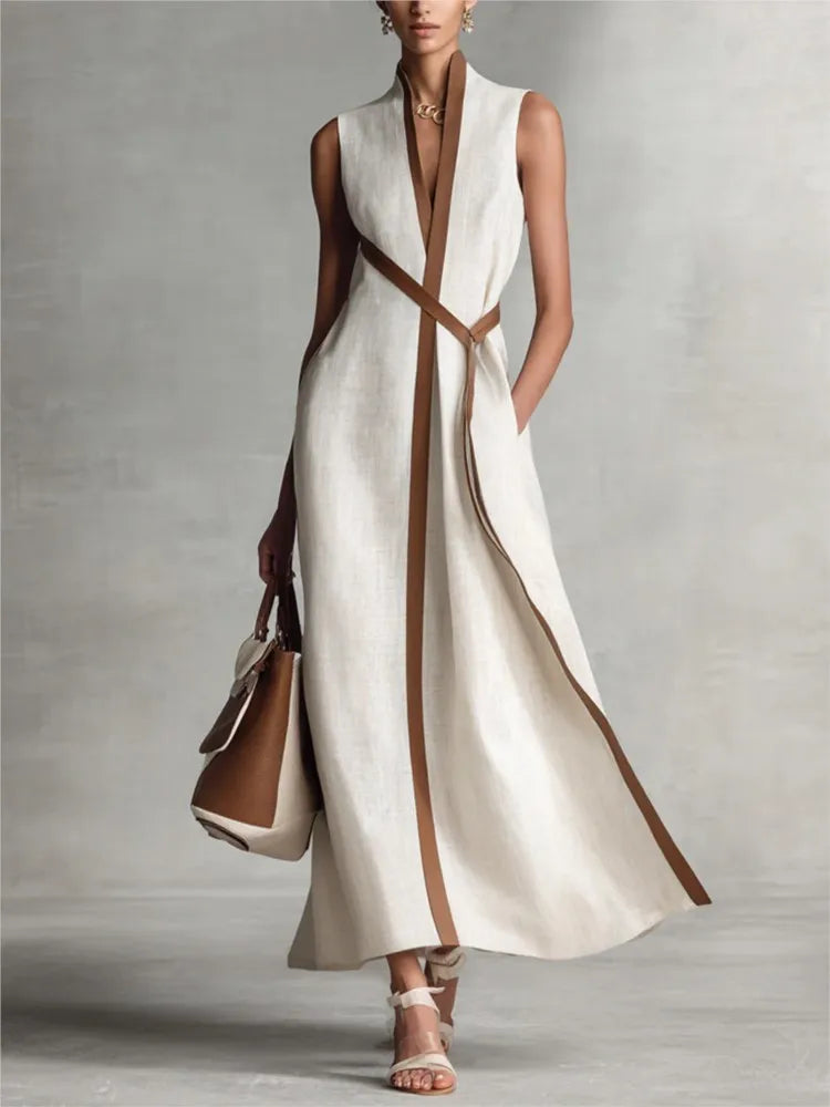 Contrast Color Sleeveless Elegant Slim-Fit Long Dress