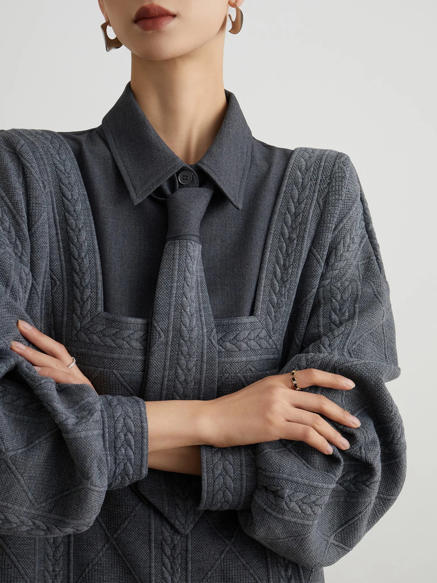 Gray Fake Two-Piece Polo Sweater