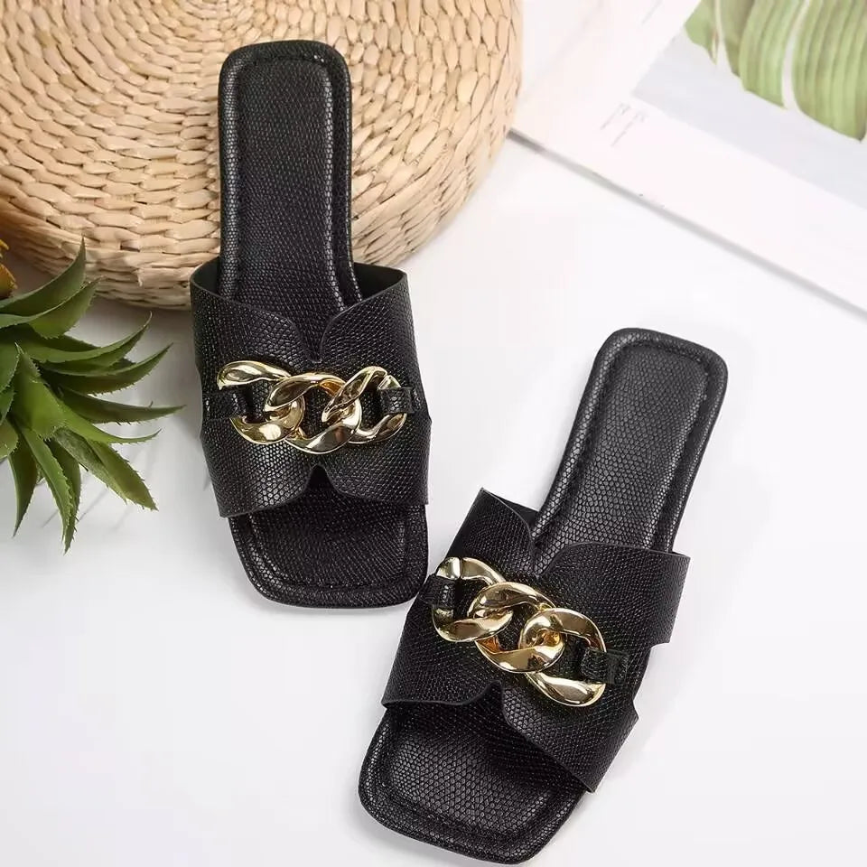 M&T Wear - Women's Chic Metal Chain Square Toe Slides
