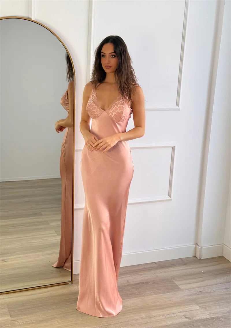 Blifanbo Lace Patchwork Satin Maxi – Backless Bodycon Party Dress