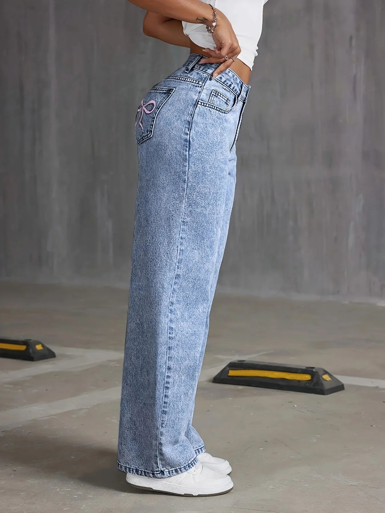Bow-Embroidered Wide-Leg Denim Trousers